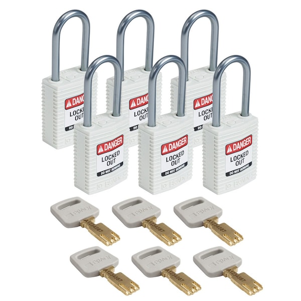 Padlock, Keyed Different, Nylon, White, 6 PK